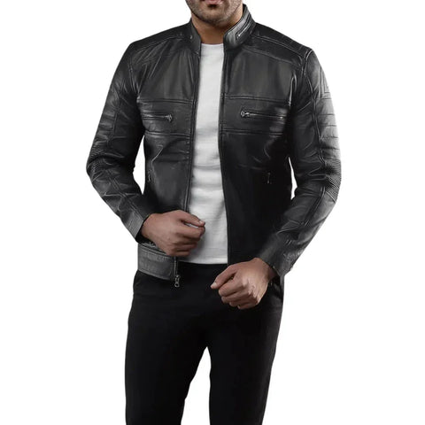 Men's Real Lambskin Black Cafe Racer Leather Jacket