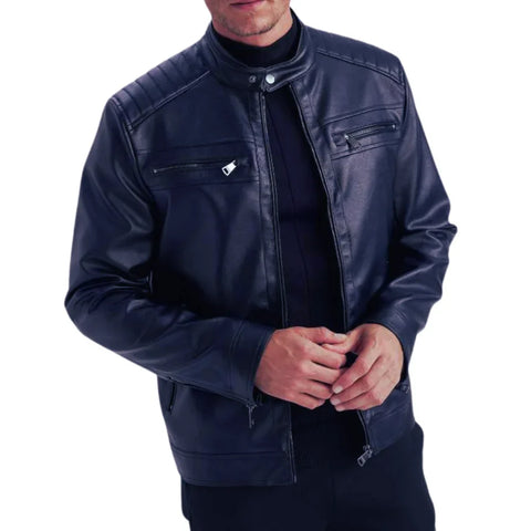 Mens Genuine Lambskin Blue Café Racer Leather Jacket