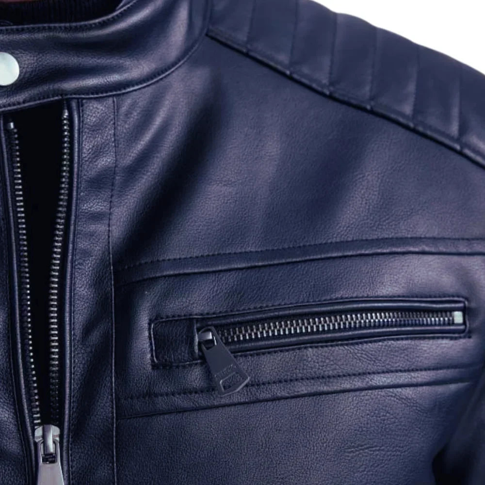 Mens Genuine Lambskin Blue Café Racer Leather Jacket