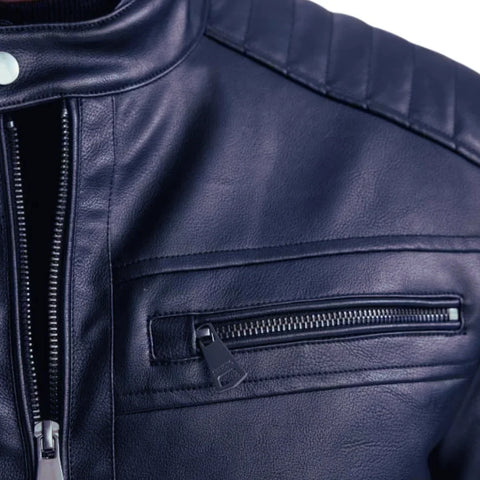 Mens Genuine Lambskin Blue Café Racer Leather Jacket