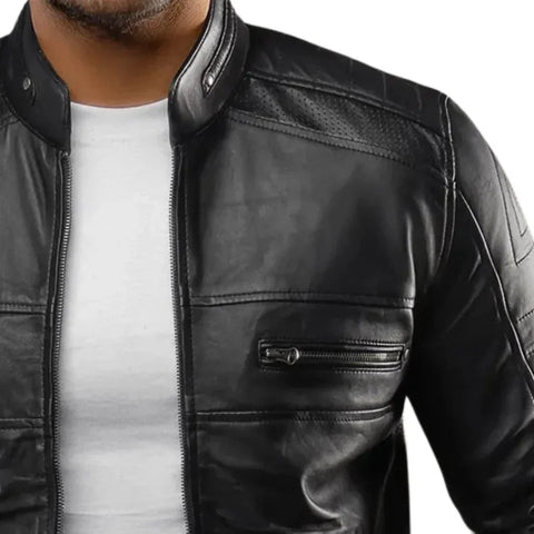 Men's Real Lambskin Black Cafe Racer Leather Jacket