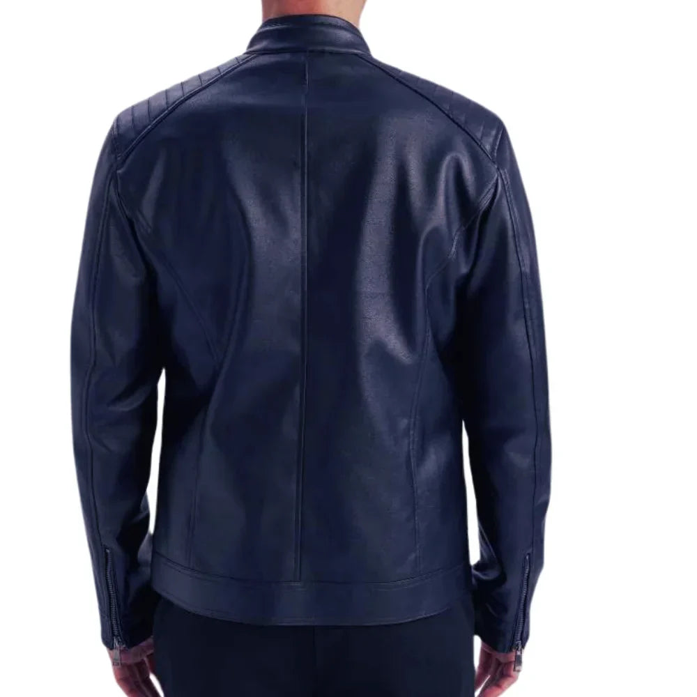 Mens Genuine Lambskin Blue Café Racer Leather Jacket