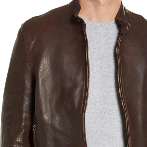 Men's Real Chocolate Brown Cafe Racer Leather Jacket