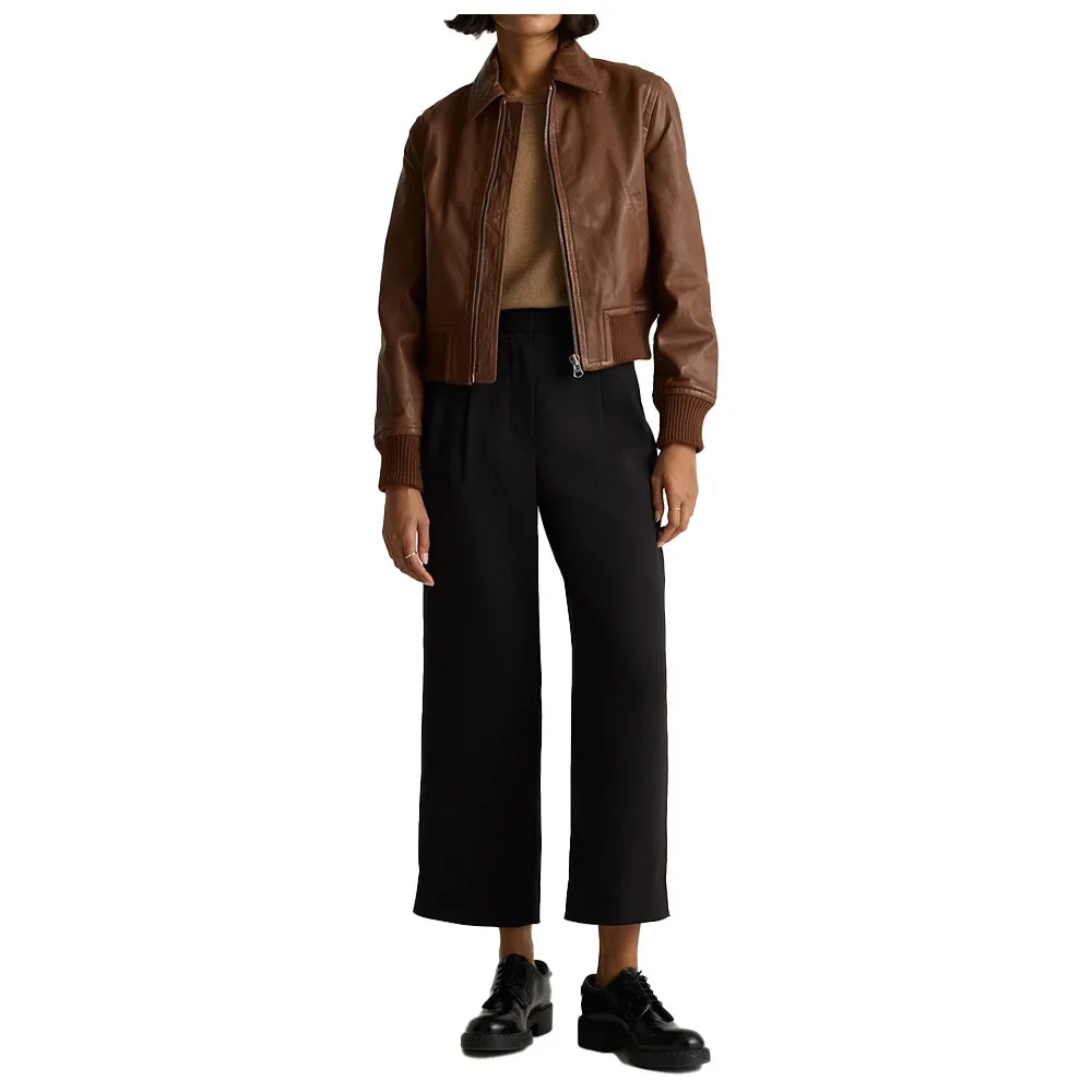 Women's Brown Cropped Leather Bomber Jacket