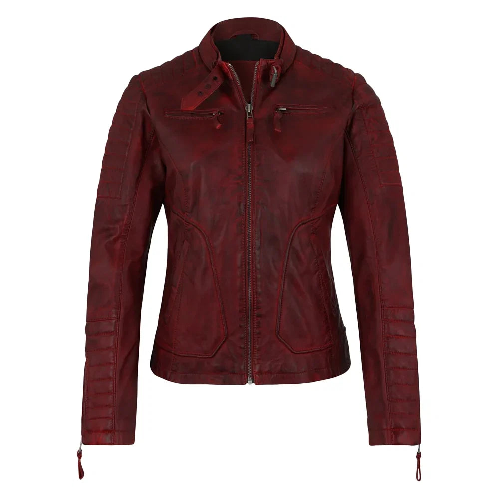 Womens Biker Dark Red Leather Jacket