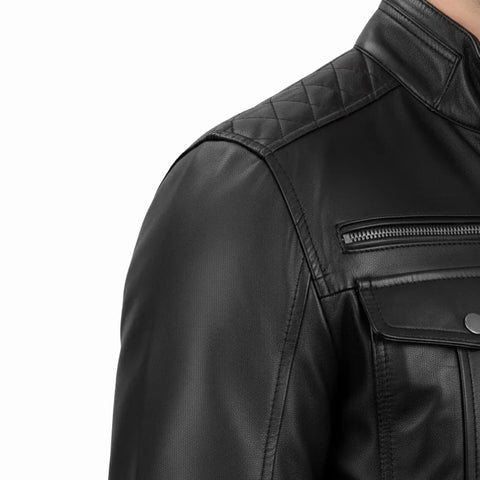 Men's Black Double Pockets Cafe Racer Real Leather Jacket