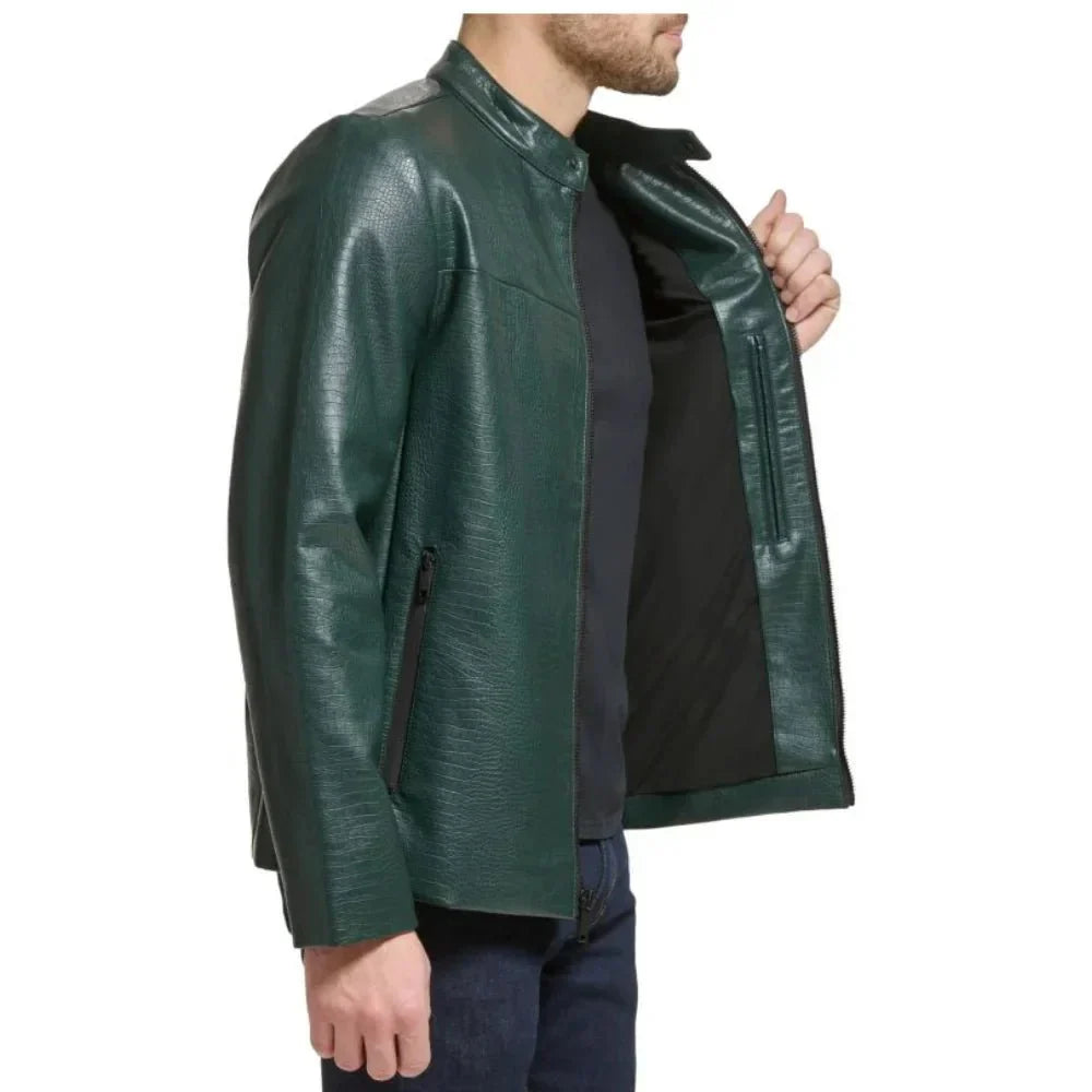 Men's Green Quilted Croco Style Cafe Racer Leather Jacket