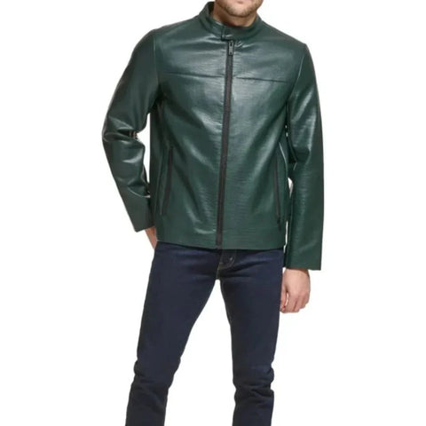 Men's Green Quilted Croco Style Cafe Racer Leather Jacket