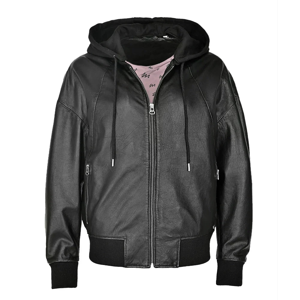 Women's Black Hooded Leather Bomber Jacket