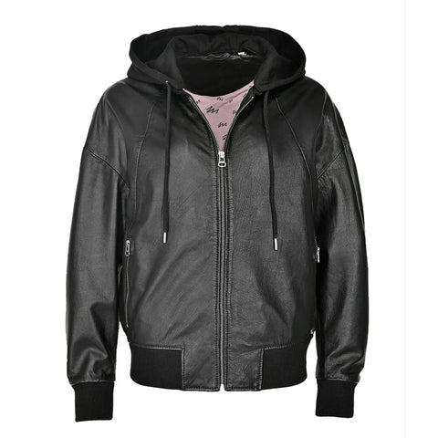 Women's Black Hooded Leather Bomber Jacket