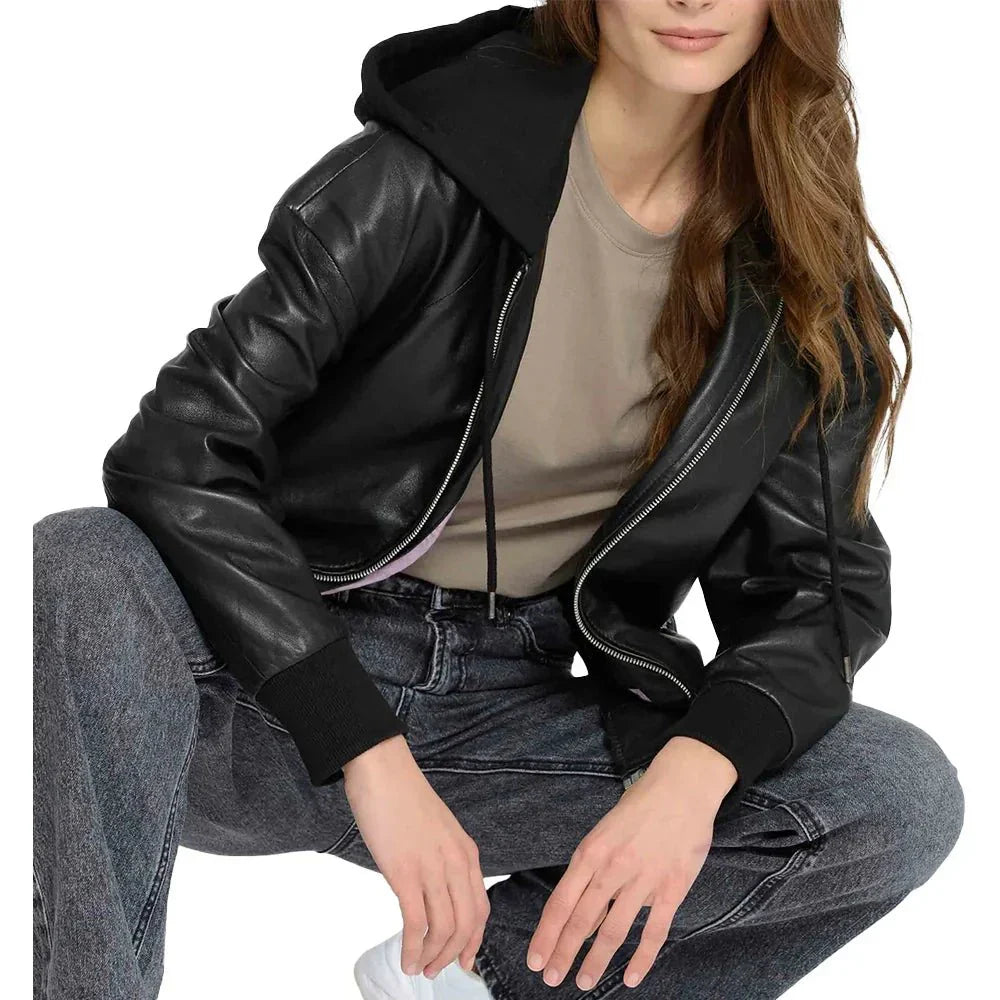 Women's Black Hooded Leather Bomber Jacket
