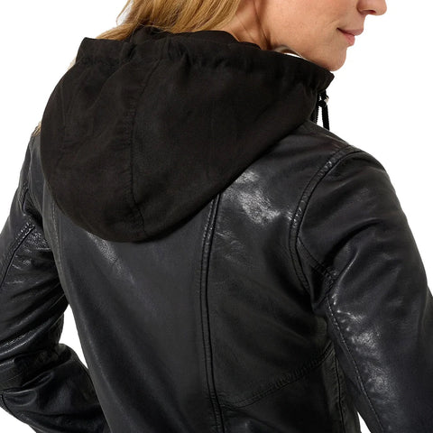 Black Cafe Racer Womens Hooded  Leather Jacket
