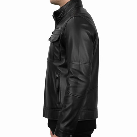 Men's Black Double Pockets Cafe Racer Real Leather Jacket
