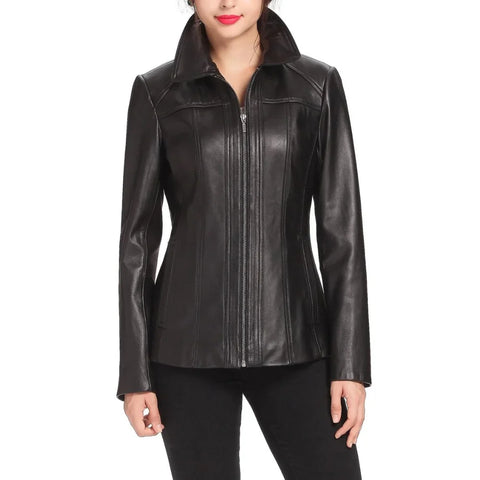 Women's Black Shirt Collar Zip Up Leather Jacket