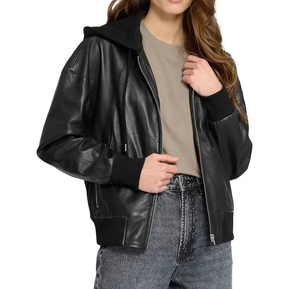 Women's Black Hooded Leather Bomber Jacket