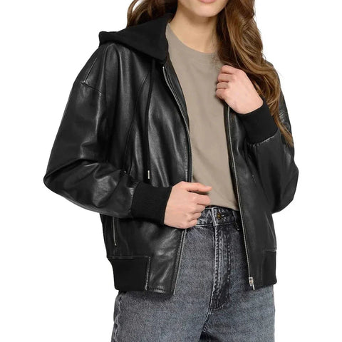 Women's Black Hooded Leather Bomber Jacket