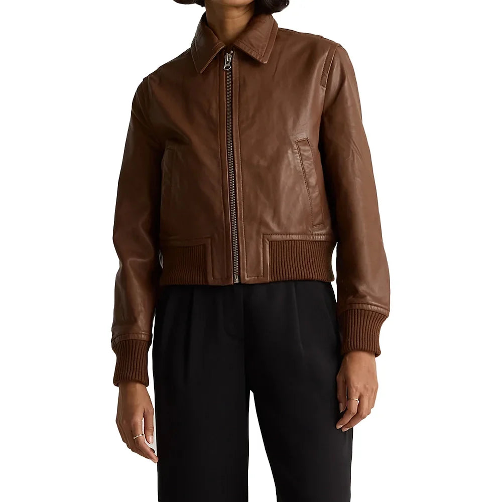 Women's Brown Cropped Leather Bomber Jacket