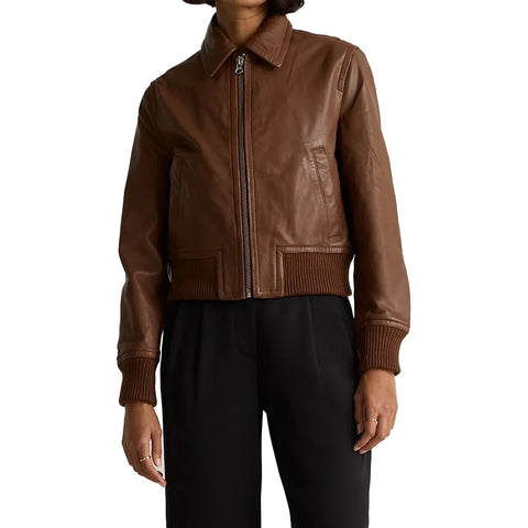 Women's Brown Cropped Leather Bomber Jacket