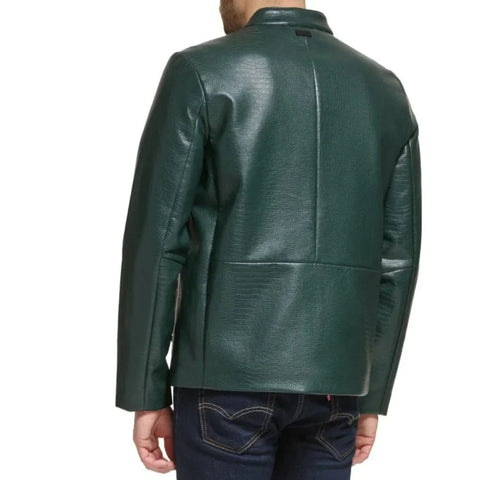 Men's Green Quilted Croco Style Cafe Racer Leather Jacket