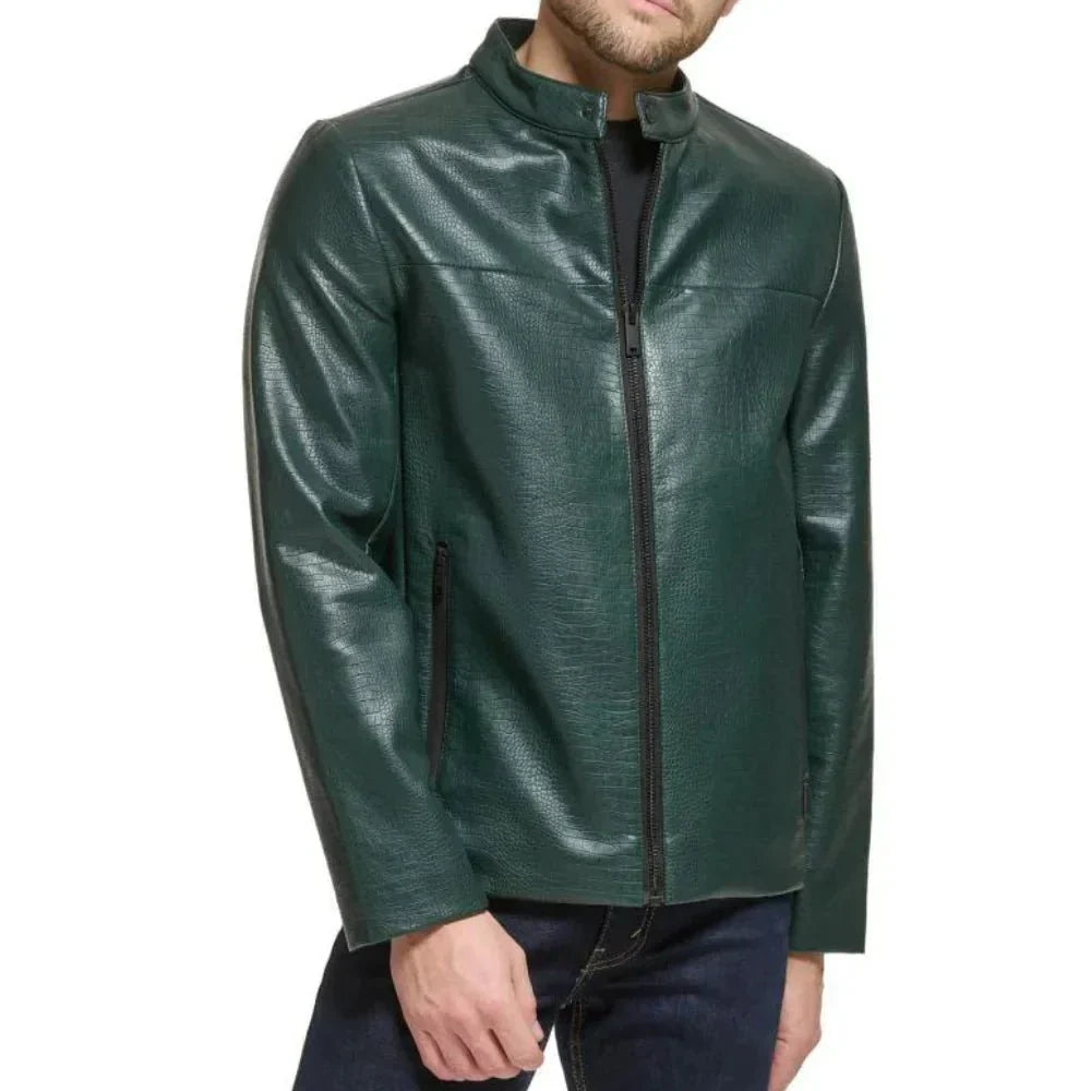 Men's Green Quilted Croco Style Cafe Racer Leather Jacket