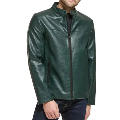 Men's Green Quilted Croco Style Cafe Racer Leather Jacket