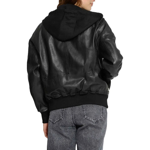 Women's Black Hooded Leather Bomber Jacket