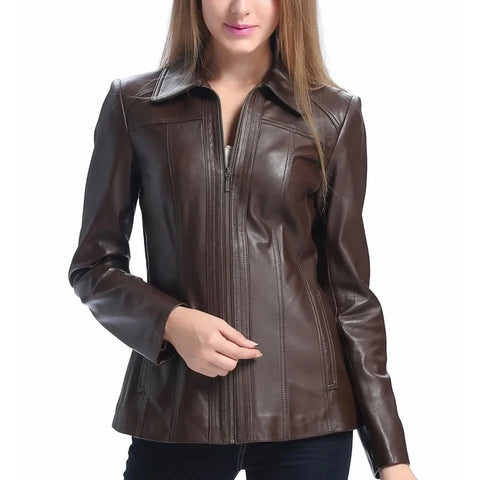 Women's Brown Shirt Collar Zip Up Leather Jacket
