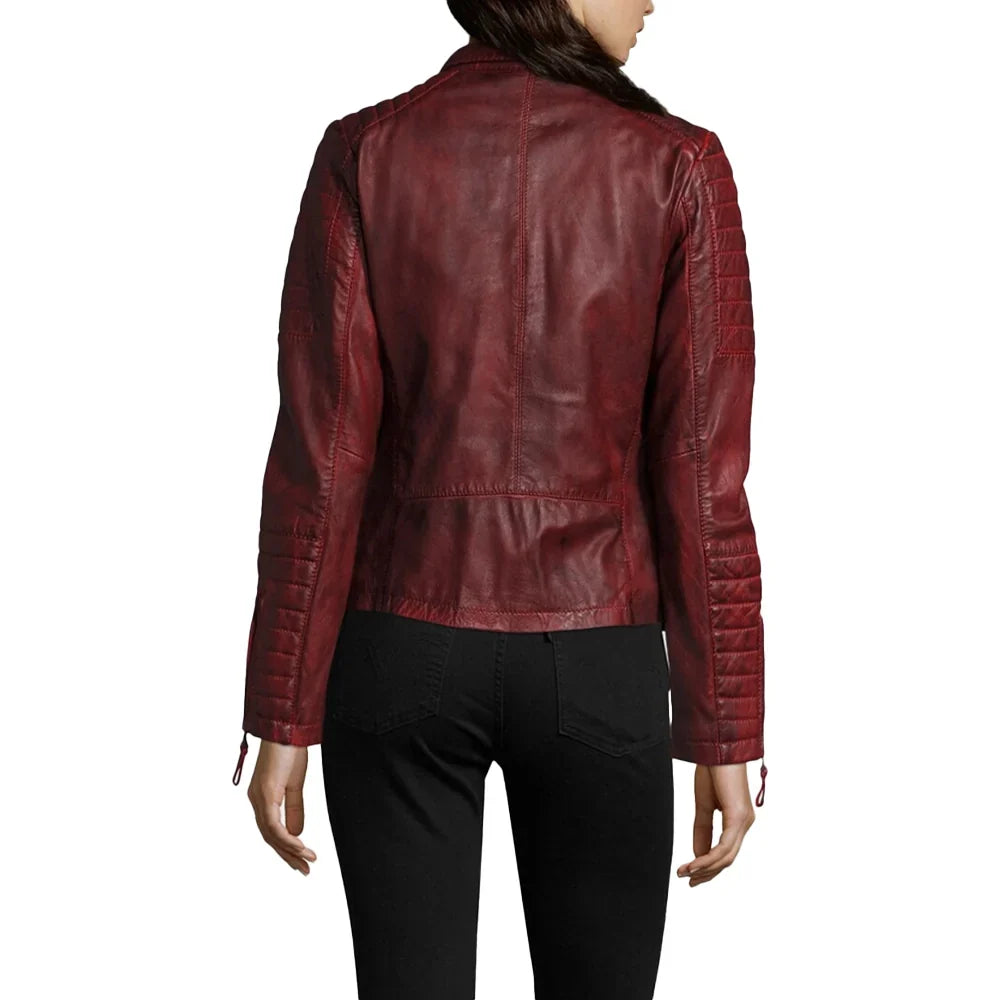 Womens Biker Dark Red Leather Jacket