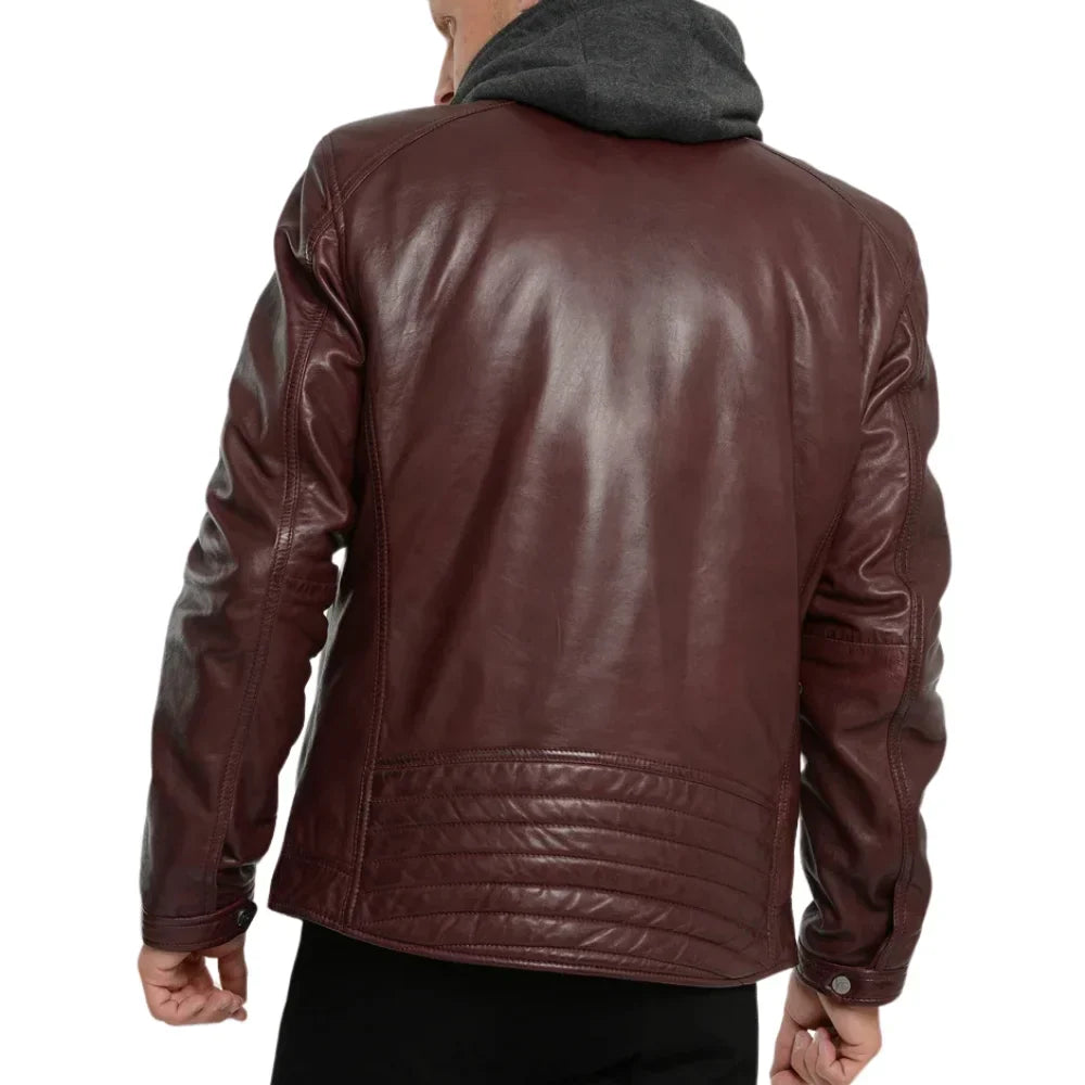 Men's Maroon Bomber Hooded Leather Jacket