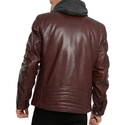 Men's Maroon Bomber Hooded Leather Jacket