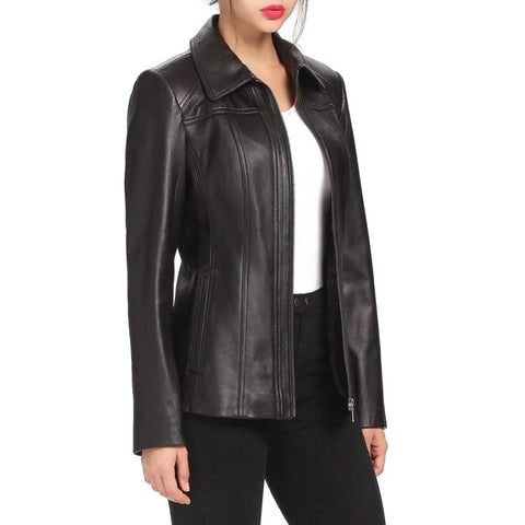 Women's Black Shirt Collar Zip Up Leather Jacket