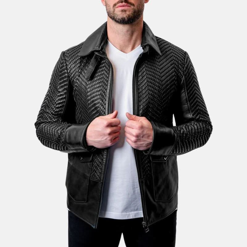 Mens Black Snakeskin Textured Leather Jacket