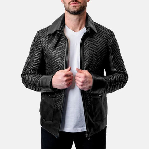 Mens Black Snakeskin Textured Leather Jacket