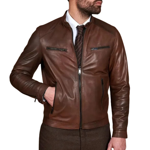 Men’s Real Lambskin Chocolate Brown Biker Leather Jacket