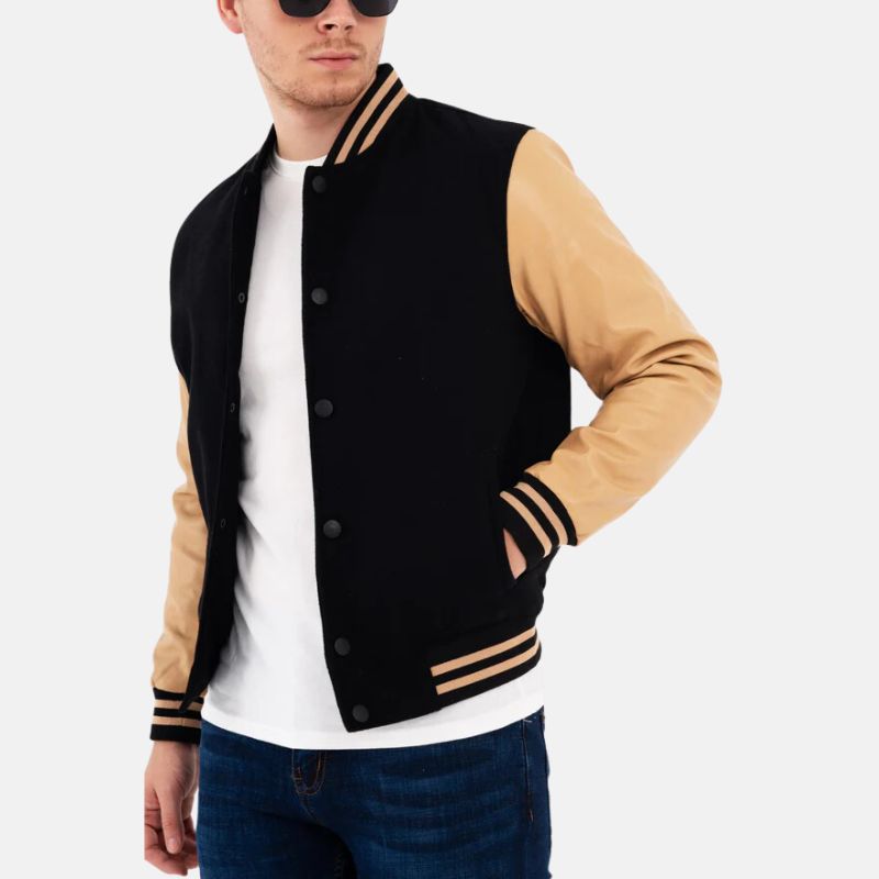 Men's Black and Beige Lettermen Varsity Bomber Jacket