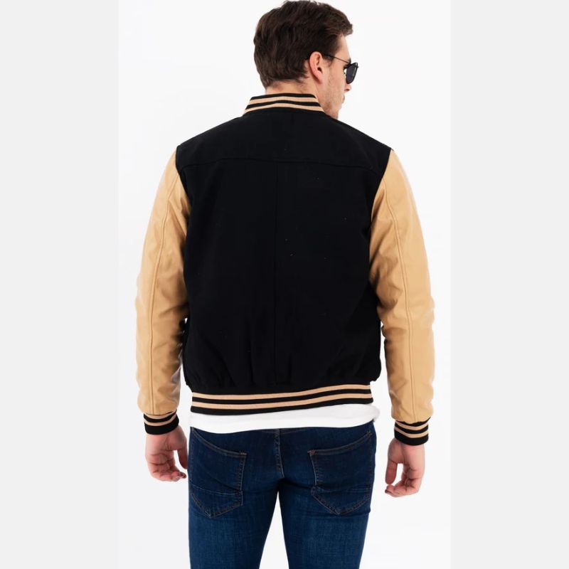 Men's Black and Beige Lettermen Varsity Bomber Jacket