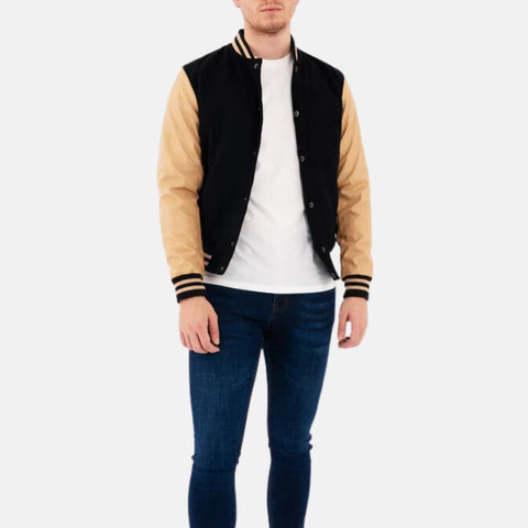Men's Black and Beige Lettermen Varsity Bomber Jacket