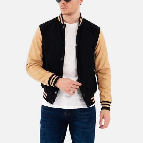Men's Black and Beige Lettermen Varsity Bomber Jacket