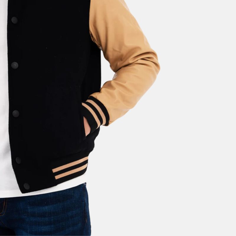 Men's Black and Beige Lettermen Varsity Bomber Jacket