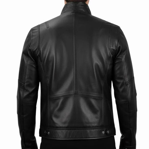 Men's Black Double Pockets Cafe Racer Real Leather Jacket