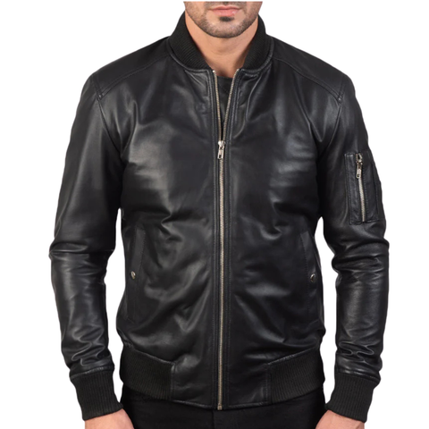 Men's Ma-1 Black Leather Bomber Jacket