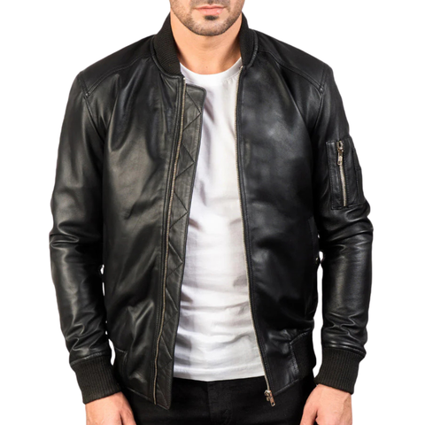 Men's Ma-1 Black Leather Bomber Jacket