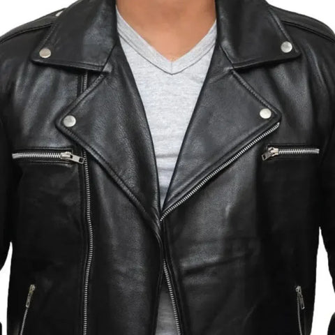 Negan Inspired Men’s Black Belted Moto Leather Jacket