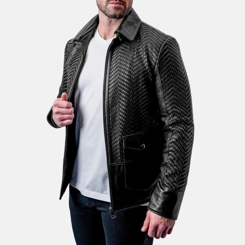Mens Black Snakeskin Textured Leather Jacket