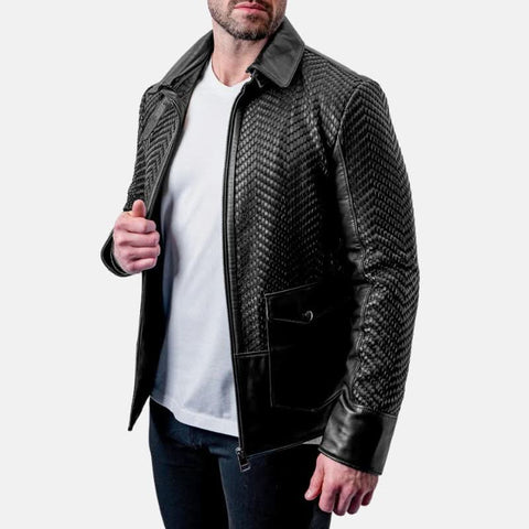 Mens Black Snakeskin Textured Leather Jacket