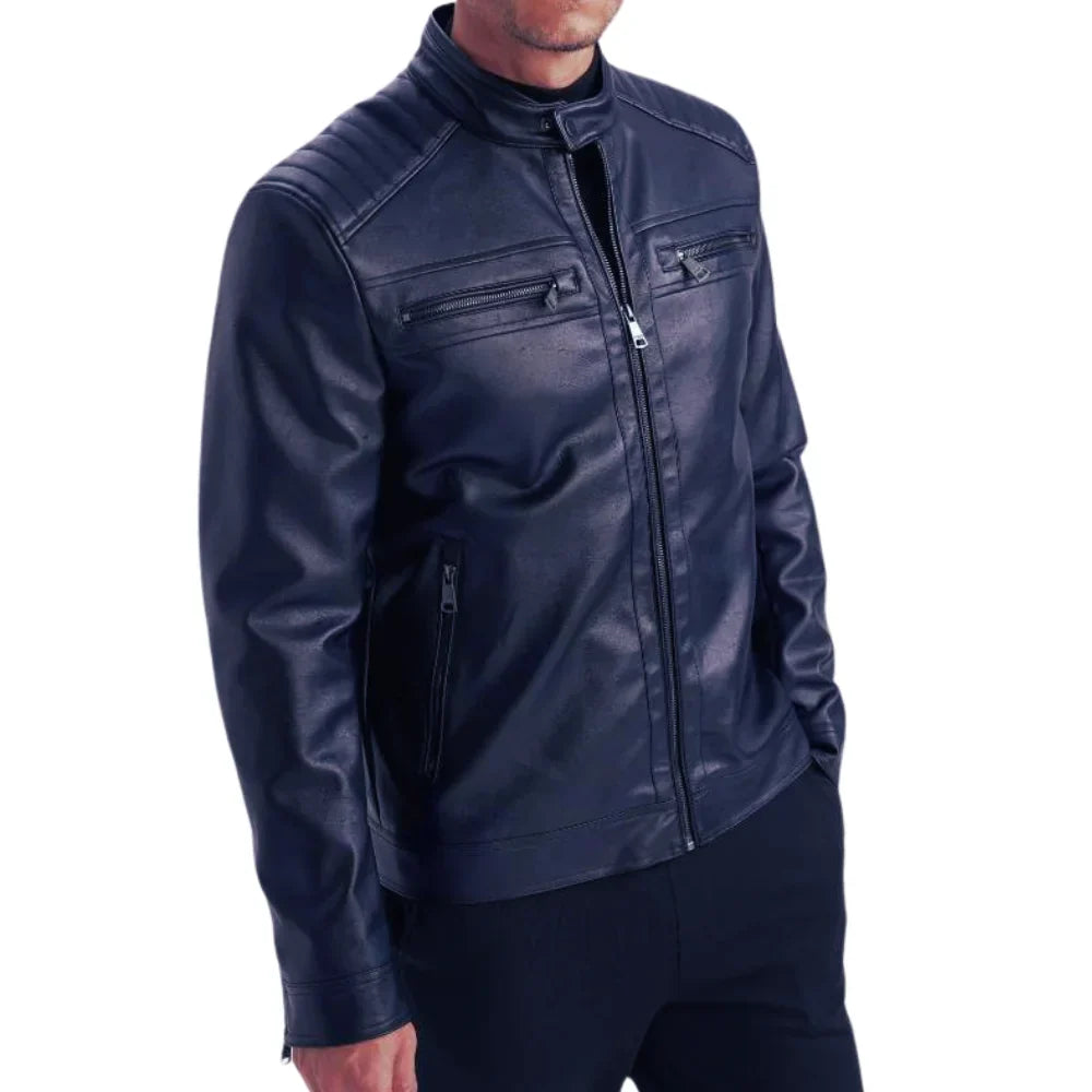 Mens Genuine Lambskin Blue Café Racer Leather Jacket