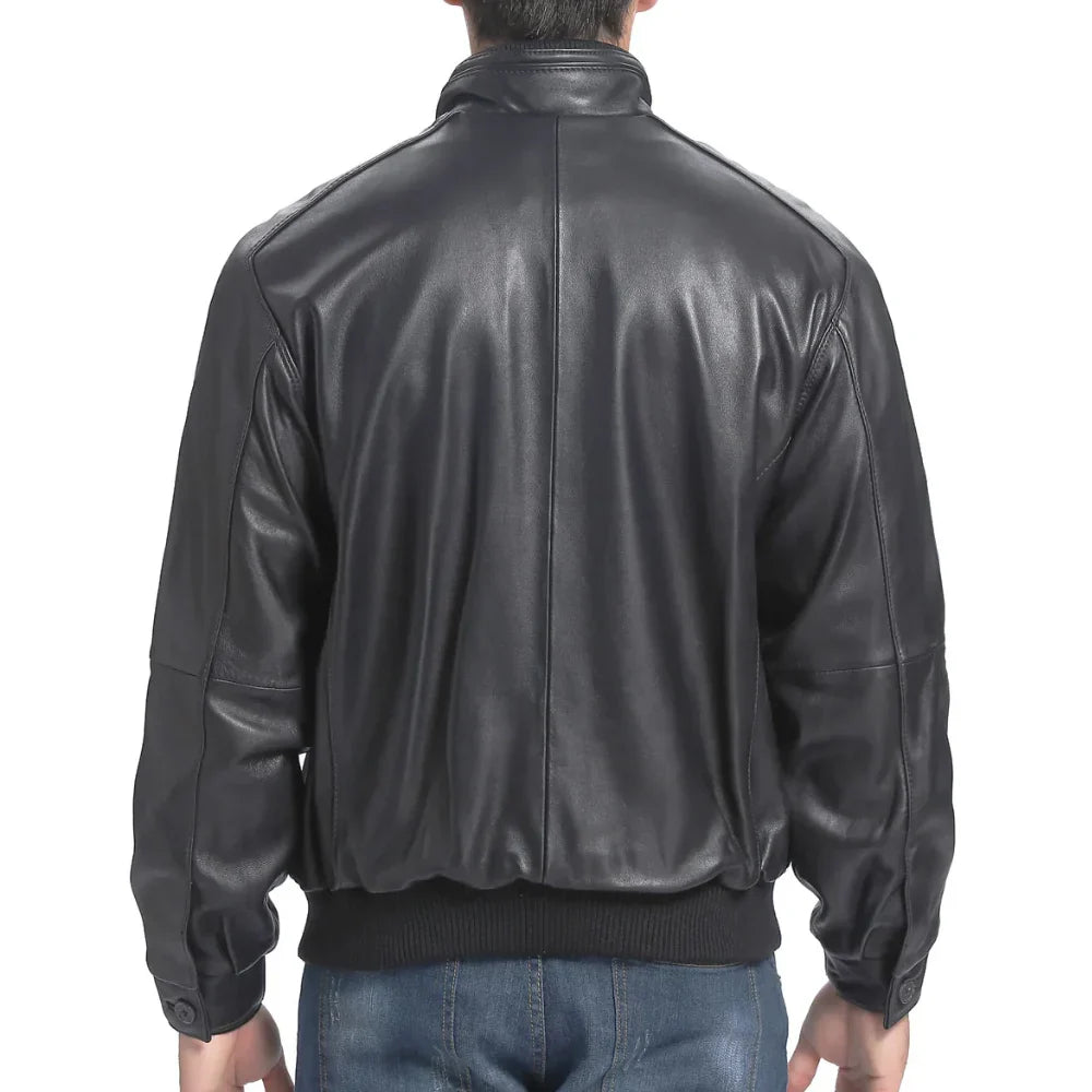 Men's Real Lambskin Black Leather Bomber Jacket