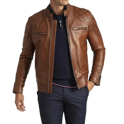 Men's David Brown Quilted Cafe Racer Leather Jacket