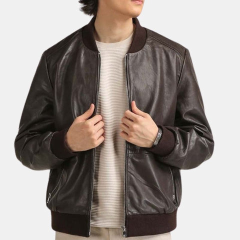 Men's Oversized Coffee Brown Leather Bomber Jacket