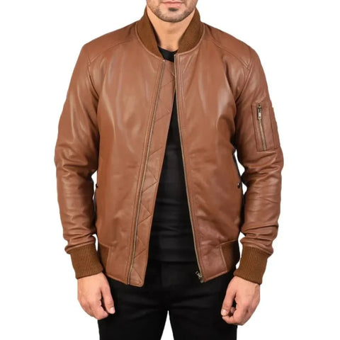 Men's MA-1 Brown Leather Bomber Jacket